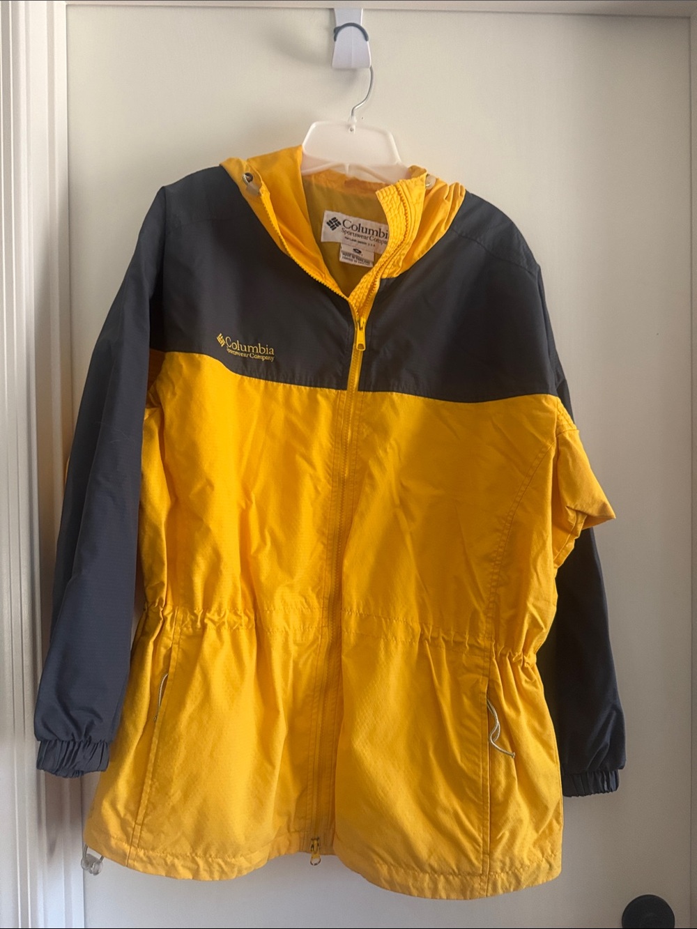 Columbia women’s Yellow and Dark Gray Hooded Rain Jacket